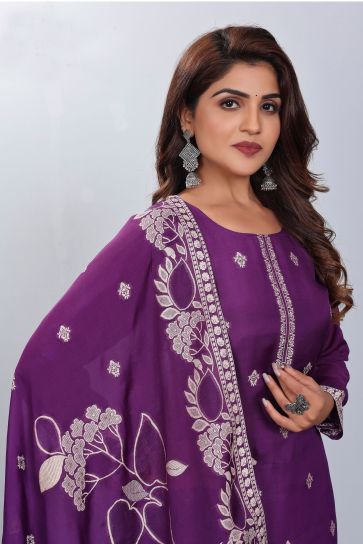 Jacquard Fabric Captivating Wine Color Readymade Salwar Suit