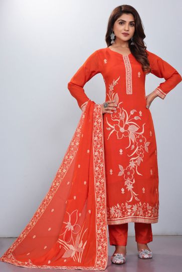 Jacquard Fabric Orange Color Stylish Readymade Salwar Suit
