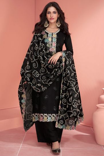 Art Silk Fabric Black Color Graceful Function Wear Palazzo Suit