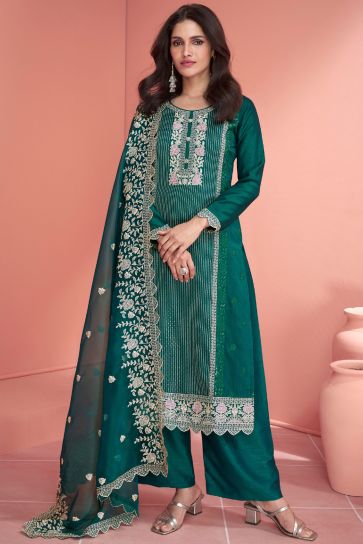 Teal Color Art Silk Fabric Gorgeous Function Wear Palazzo Suit