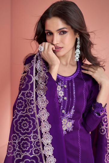 Purple Color Art Silk Fabric Ravishing Function Wear Palazzo Suit