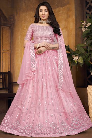 Pink Color Net Fabric Charming Wedding Wear Lehenga With Embroidered Work