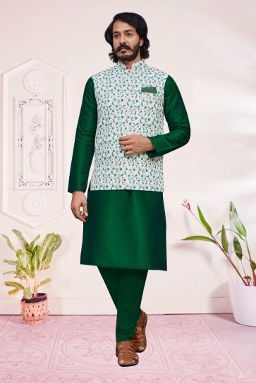 Dark Green Art Silk Fabric Readymade Kurta Pyjama With Modi Jacket For Men