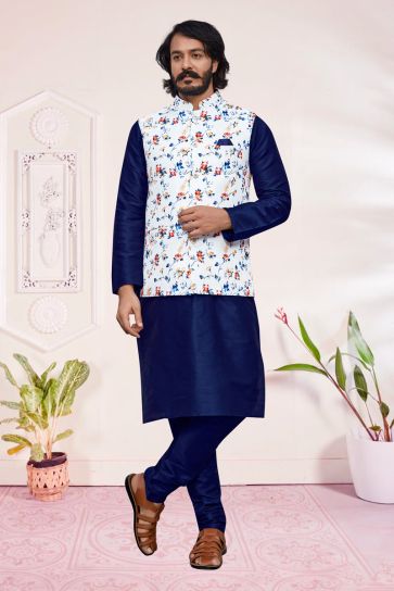 Engaging Navy Blue Color Art Silk Readymade Kurta Pyjama With Jacket For Men