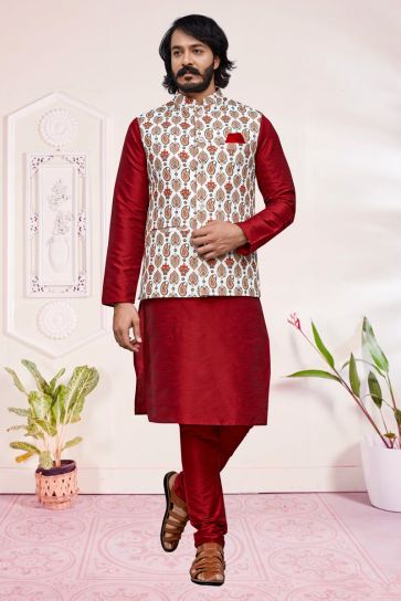 Captivating Red Color Art Silk Readymade Kurta Pyjama With Jacket For Men