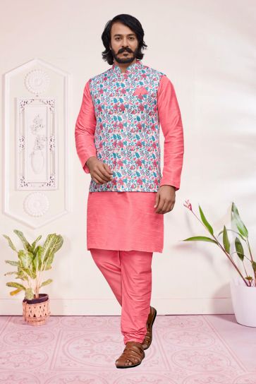 Fetching Pink Color Art Silk Readymade Kurta Pyjama With Jacket For Men