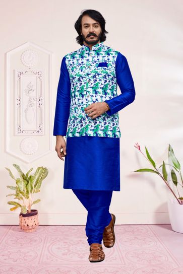 Gorgeous Blue Color Art Silk Readymade Kurta Pyjama With Jacket For Men
