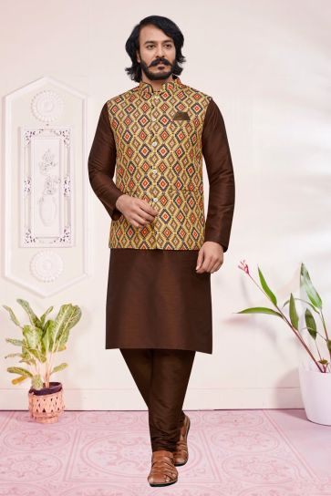 Lovely Brown Color Art Silk Readymade Kurta Pyjama With Jacket For Men