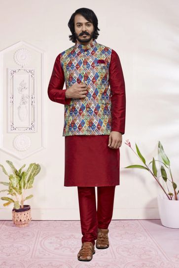 Beautiful Maroon Color Art Silk Readymade Kurta Pyjama With Jacket For Men