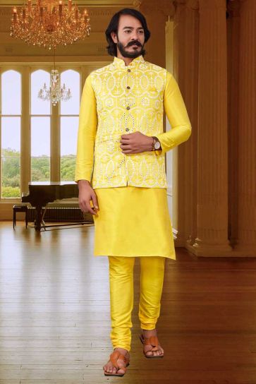 Excellent Art Silk Fabric Yellow Color Kurta Pyjama Jacket Set
