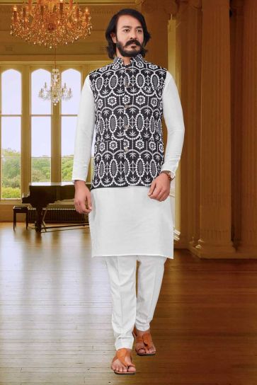 Beguiling White Color Art Silk Fabric Kurta Pyjama Jacket Set