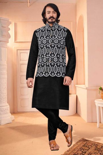 Classic Black Color Kurta Pyjama Jacket Set In Art Silk Fabric