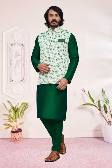 Attractive Dark Green Color Art Silk Readymade Kurta Pyjama With Jacket For Men