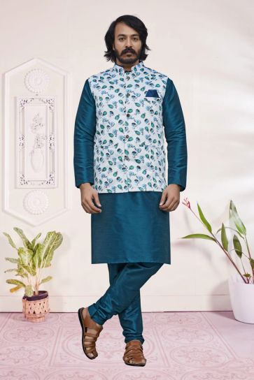 Splendiferous Teal Color Art Silk Readymade Kurta Pyjama With Jacket For Men