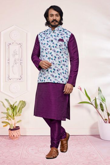 Majestic Purple Color Art Silk Readymade Kurta Pyjama With Jacket For Men