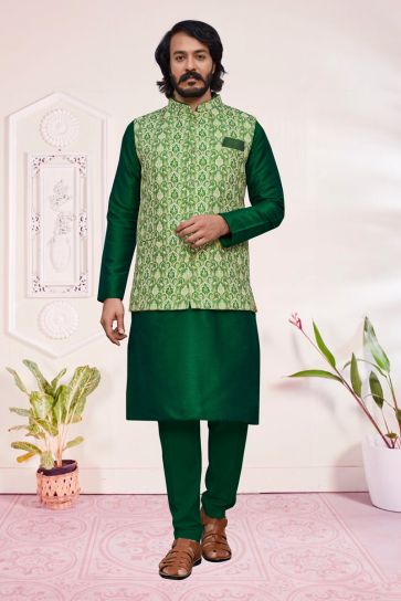 Glamorous Dark Green Color Art Silk Readymade Kurta Pyjama With Jacket For Men