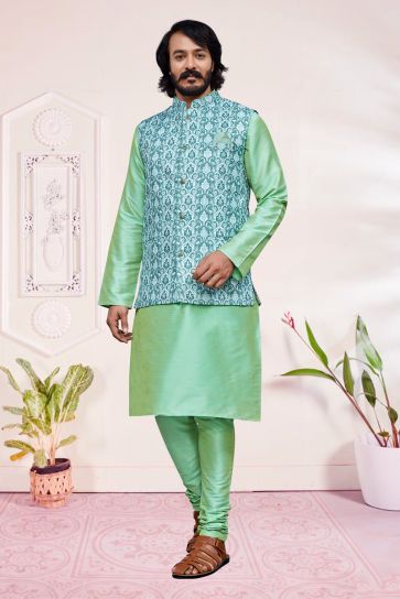 Graceful Sea Green Color Art Silk Readymade Kurta Pyjama With Jacket For Men