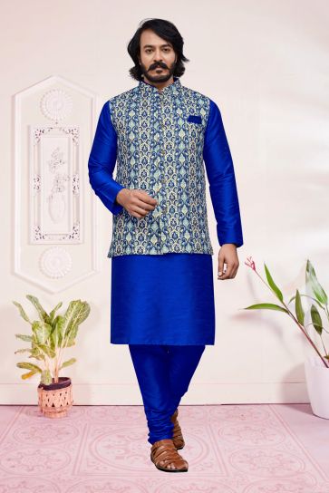 Magnificent Blue Color Art Silk Readymade Kurta Pyjama With Jacket For Men
