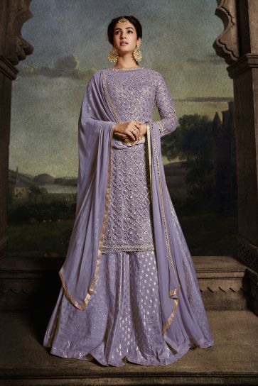 Sonal Chauhan Imperial Lavender Color Net Fabric Sharara Top Lehenga With Embroidered Work