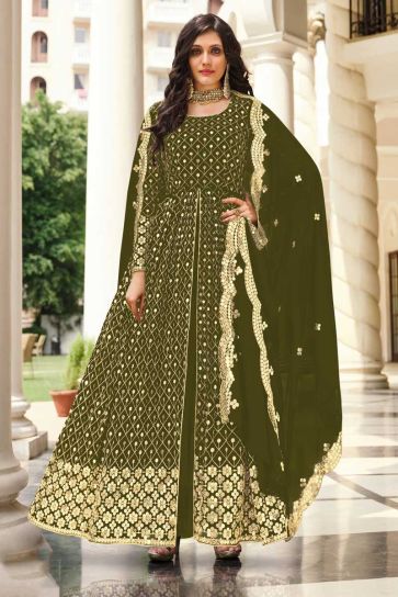 Alluring Georgette Fabric Mehendi Green Color Party Style Anarkali Suit