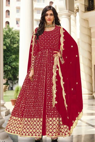 Red Color Georgette Fabric Elegant Party Style Anarkali Suit