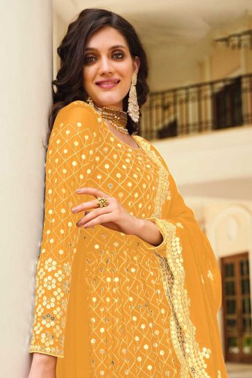 Yellow Color Georgette Fabric Tempting Party Style Anarkali Suit