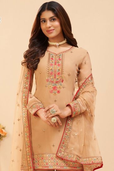 Georgette Fabric Embroidered Designer Sharara Suit In Chikoo Color