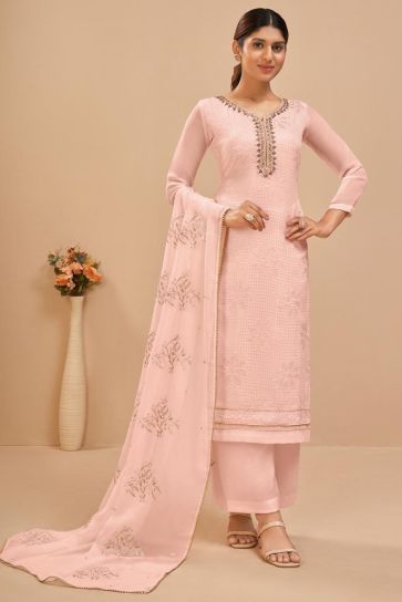 Stunning Peach Color Georgette Fabric Sequins Work Palazzo Suit
