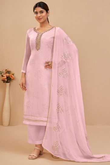 Radiant Pink Color Georgette Fabric Sequins Work Palazzo Suit