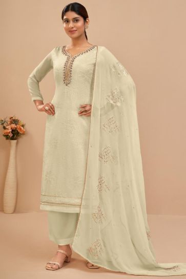 Cream Color Georgette Fabric Attractive Sequins Work Palazzo Suit 