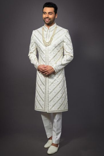 White Gorgeous Silk Fabric Wedding Wear Readymade Indo Western For Men