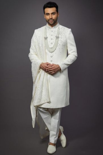 White Color Wedding Wear Silk Fabric Readymade Groom Sherwani For Men