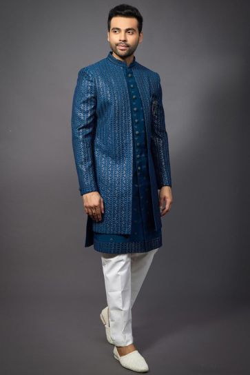 Silk Fabric Teal Color Wedding Wear Readymade Men Stylish Indo Western