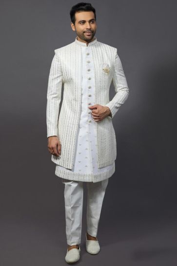 Off White Silk Fabric Wedding Wear Trendy Readymade Indo Western For Men