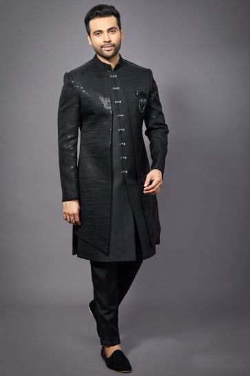 Silk Black Color Wedding Wear Readymade Designer Men Indo Western