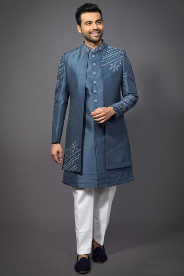 Silk Fabric Wedding Wear Readymade Indo Western For Men