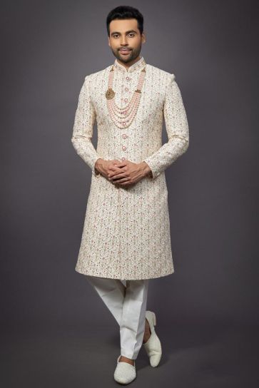 Silk Stunning Beige Color Wedding Wear Readymade Men Indo Western