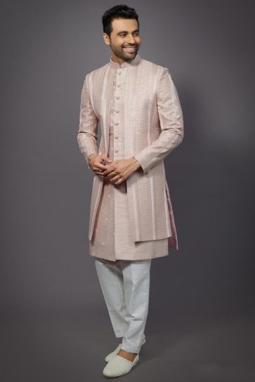 Silk Peach Wedding Wear Readymade Lovely Indo Western For Men