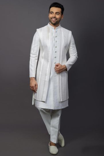 Silk Fabric Wedding Wear Readymade Men Indo Western In Off White Color