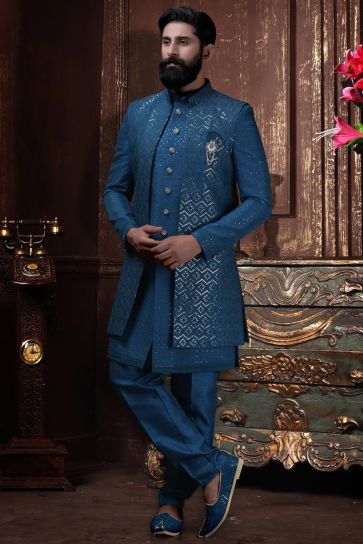 Beautiful Wedding Wear Readymade Indo Western For Men In Silk Fabric