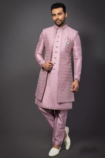 Silk Wedding Wear Attractive Readymade Men Indo Western In Pink Color