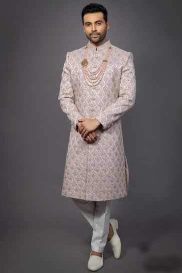 Light Pink Wedding Wear Readymade Glamorous Indo Western For Men In Silk Fabric