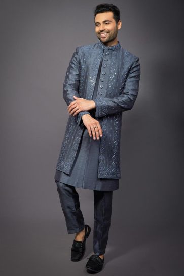 Grey Silk Fabric Graceful Readymade Men Indo Western For Wedding Wear
