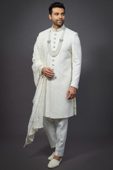 White Silk Fabric Readymade Men Groom Sherwani For Wedding Wear