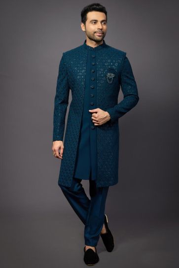 Silk Teal Magnificent Readymade Men Indo Western For Wedding Wear