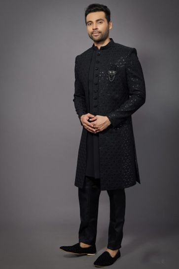 Black Color Silk Fabric Wedding Wear Designer Readymade Indo Western For Men