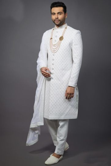 Silk Fabric White Color Wedding Wear Designer Readymade Groom Sherwani For Men