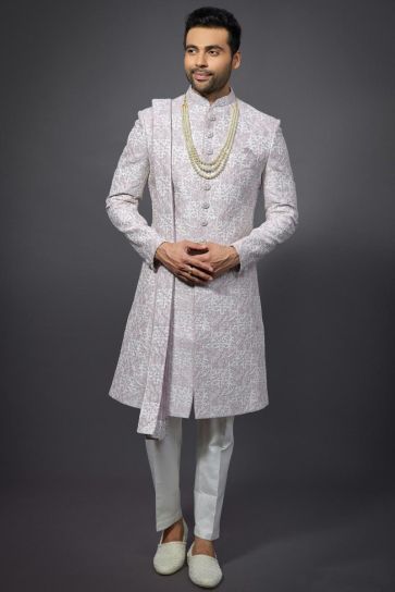 Lavender Color Wedding Wear Silk Fabric Designer Readymade Groom Sherwani For Men