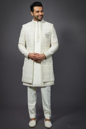 White Color Wedding Wear Silk Fabric Designer Readymade Indo Western For Men