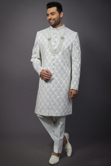 Wedding Wear Silk Fabric Designer Readymade Indo Western For Men In White Color